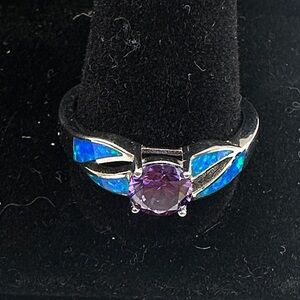 Sterling Silver Amethyst Stone Ring with Blue Opal Inlay